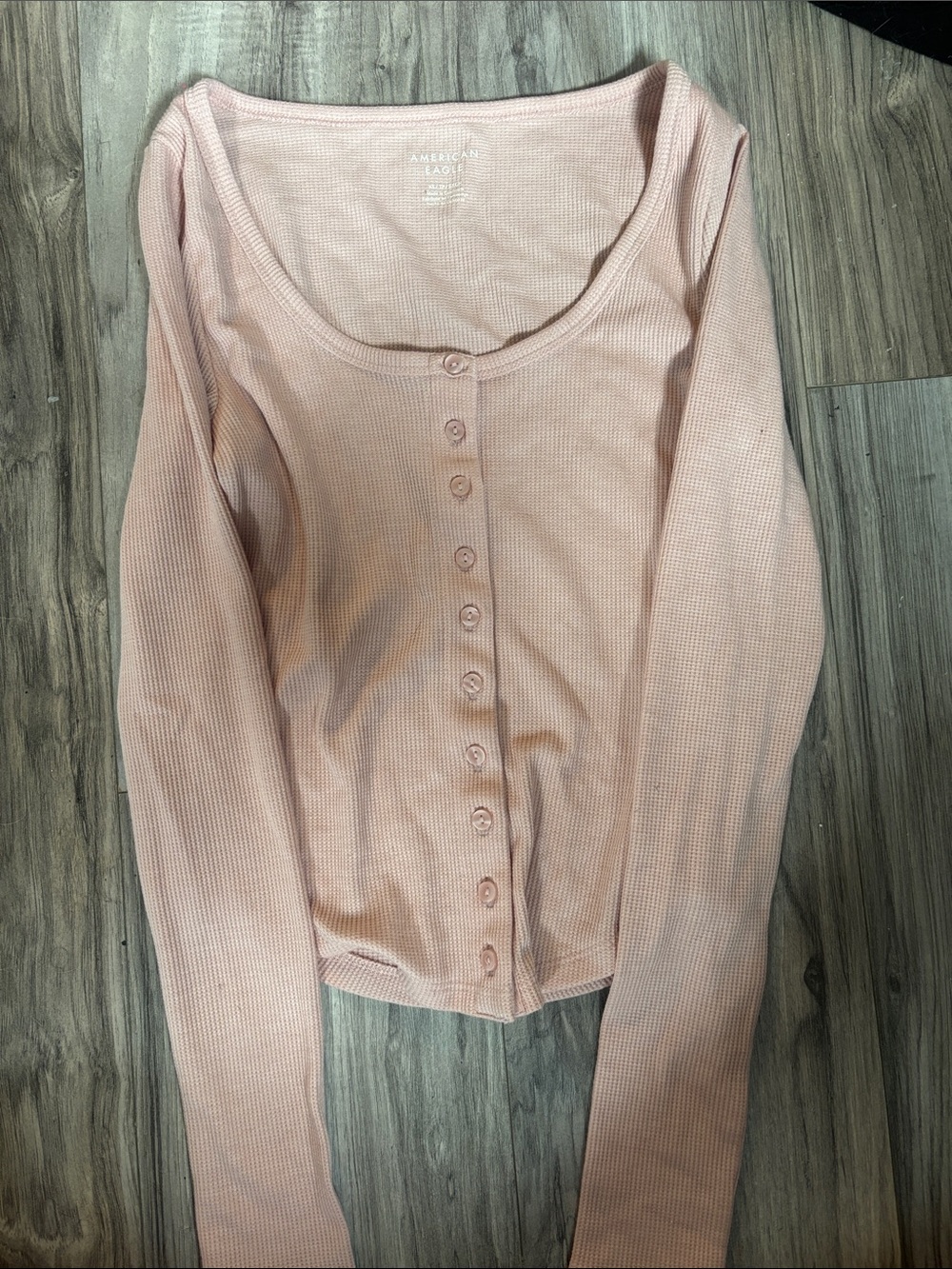 American Eagle Outfitters Dusty Pink Ribbed Button-Front Long Sleeve Top